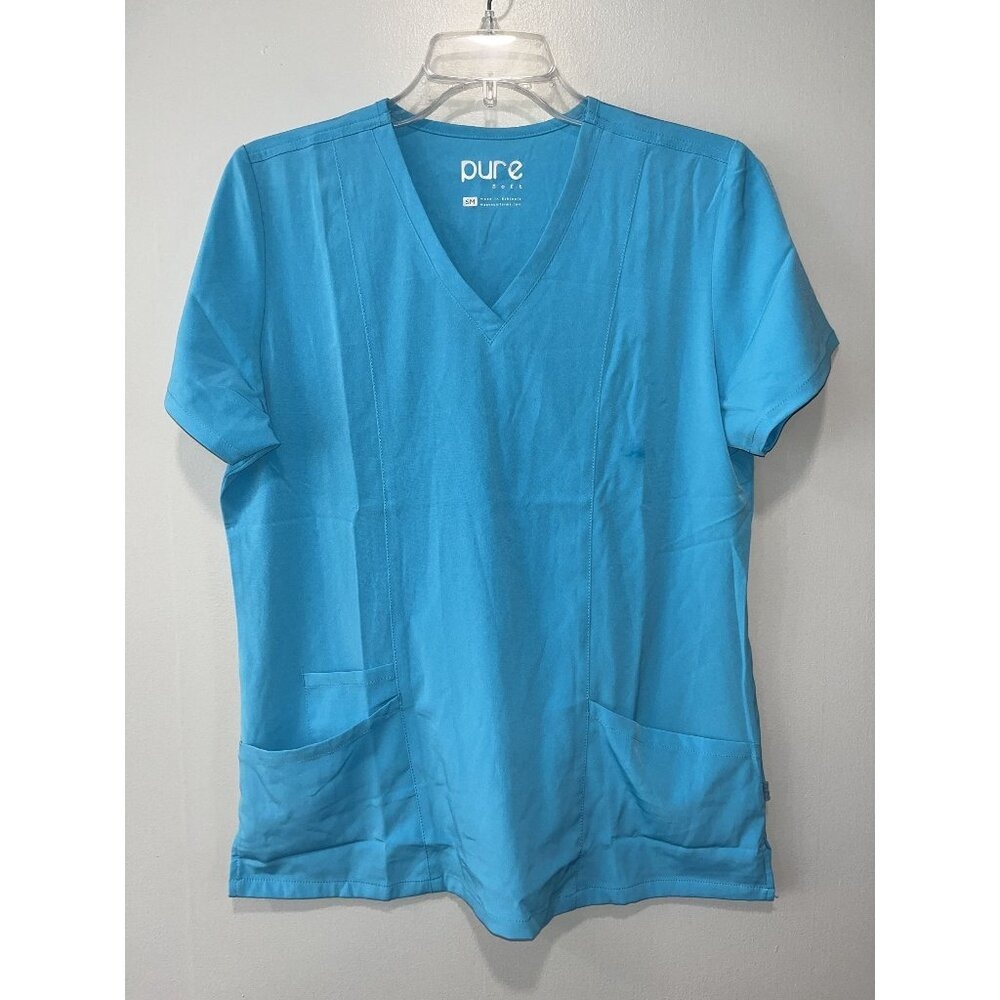 Pure Soft Women's V-Neck Scrub Top With Pockets, SM,‎ Blue